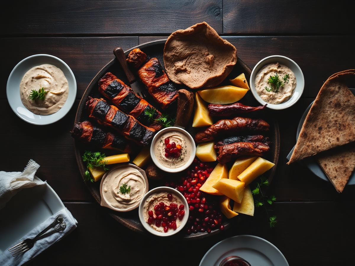 Sharing platter of grilled meats and dips
